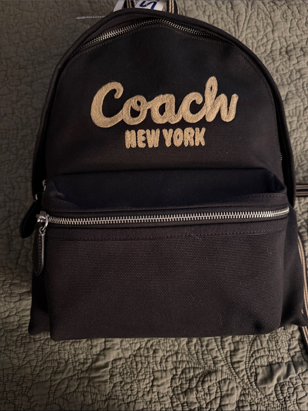 Coach Black Canvas Backpack with Cream Embroidered Logo